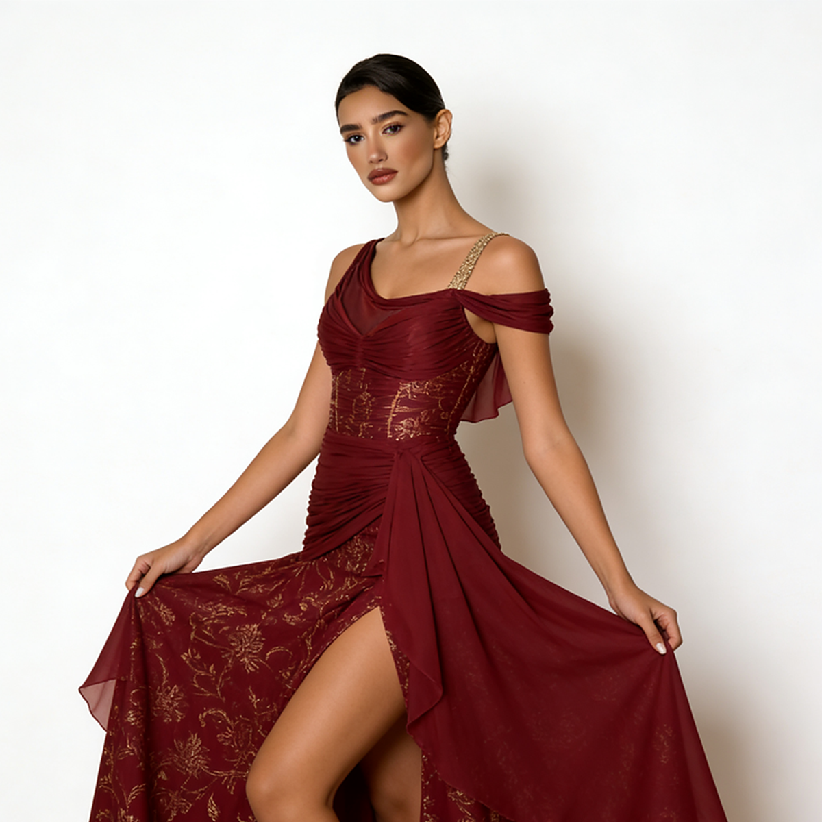 Seraphina Ruched Asymmetric Gown — full view
