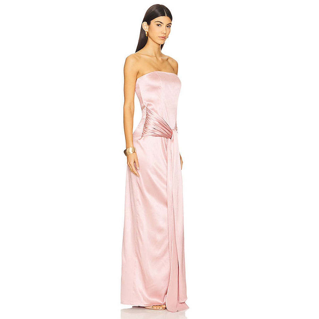 Serena Strapless Draped Satin Gown — front three-quarter view