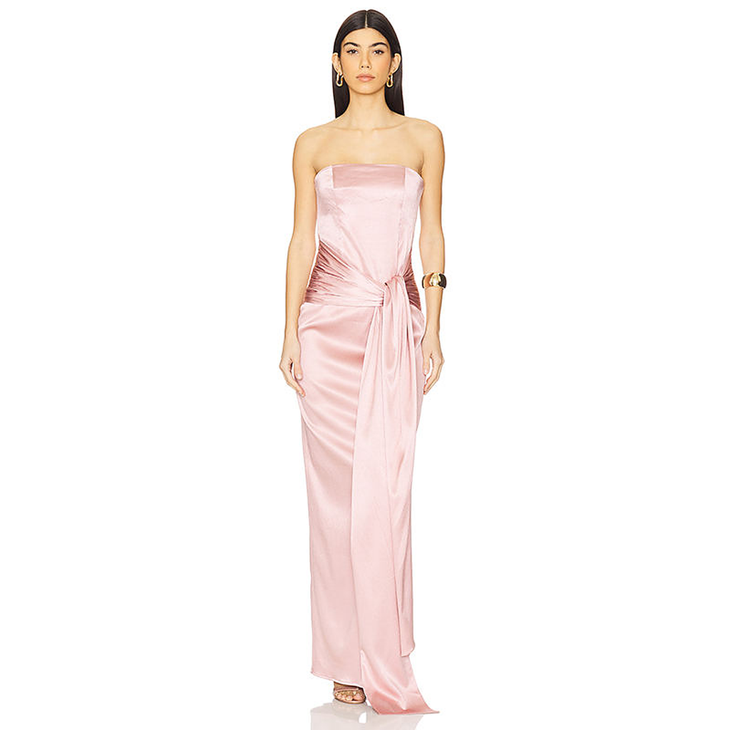 Serena Strapless Draped Satin Gown — full-length editorial view